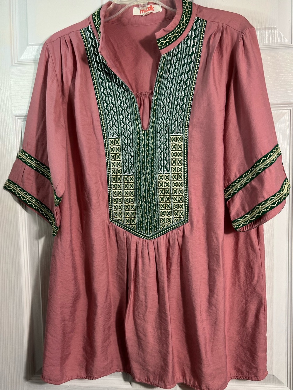 Mazik Embroidered Pink Tunic with Green Detail L